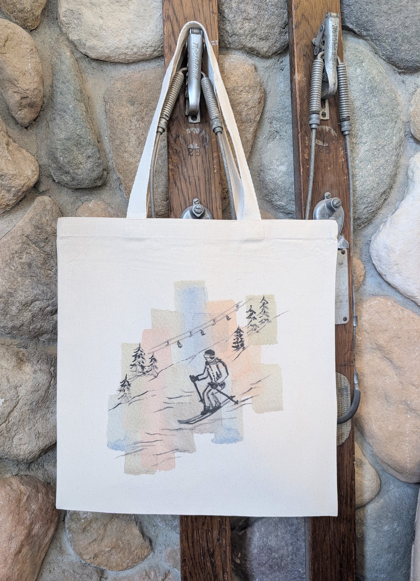 Skier and Ski Lift Watercolor Art Printed Canvas Market Bag
