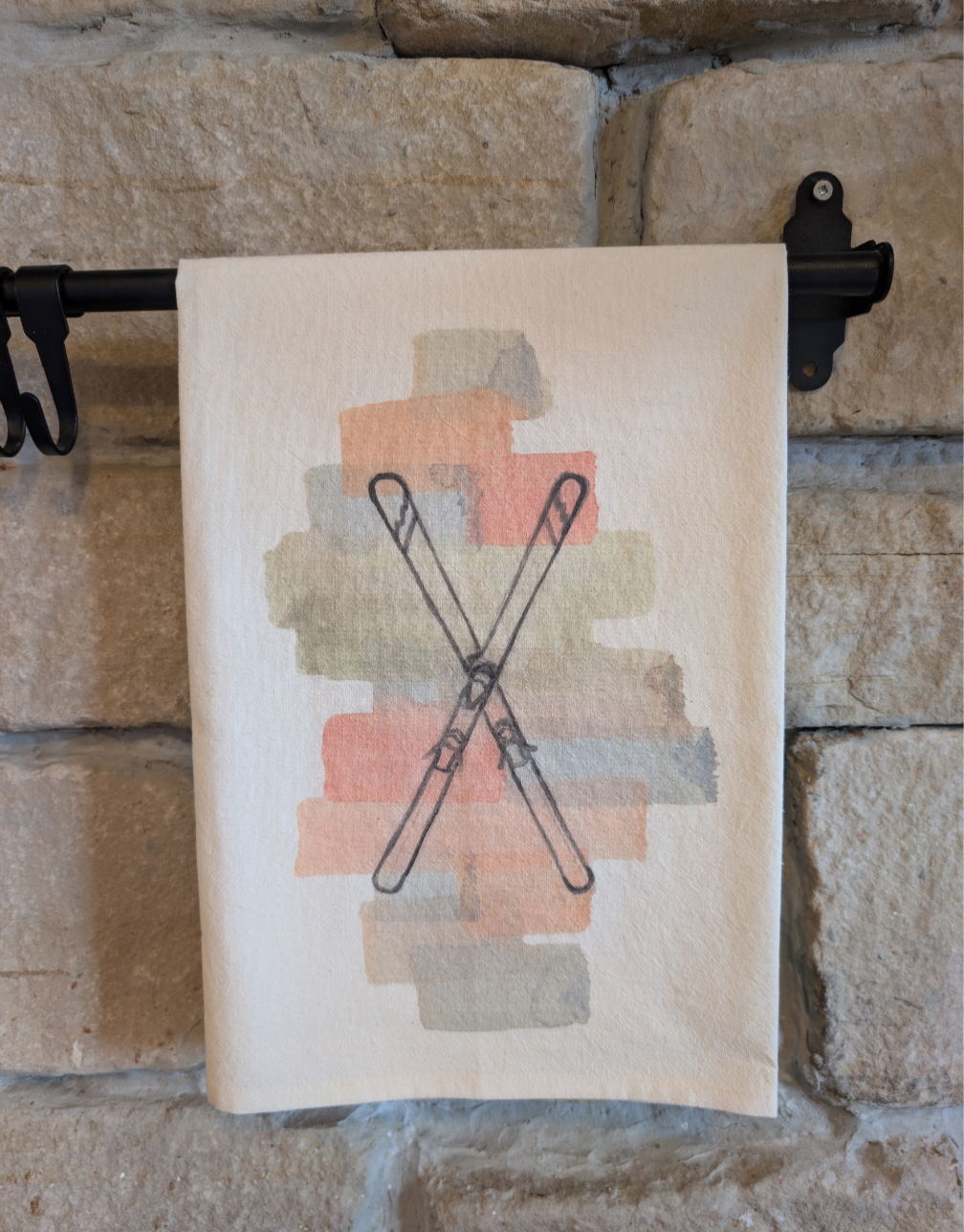 Skier Crossing Watercolor Art Printed Cotton Tea Towel