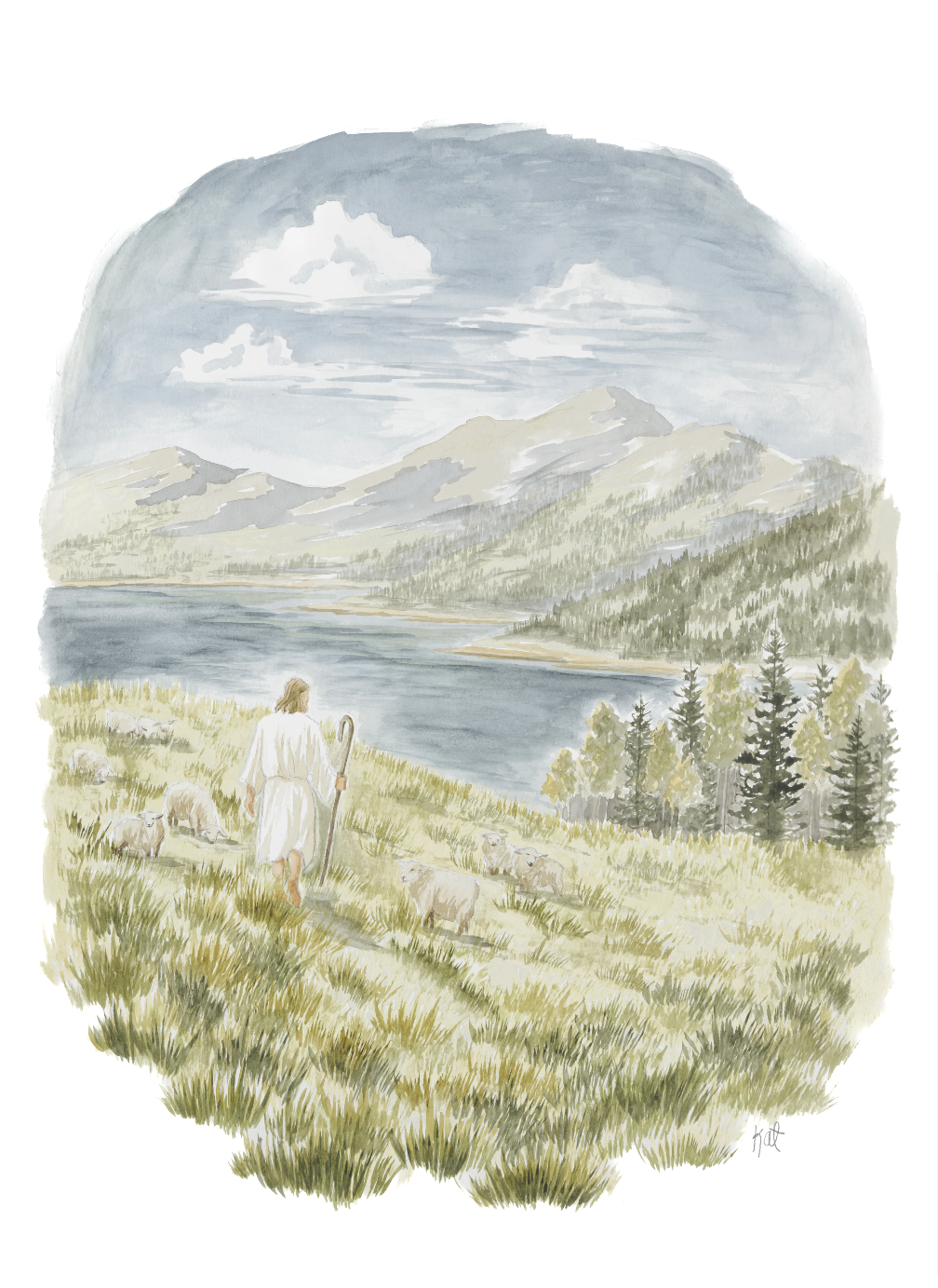 The Good Shepherd- Psalms 23- Christ with Sheep in Mountain Landscape