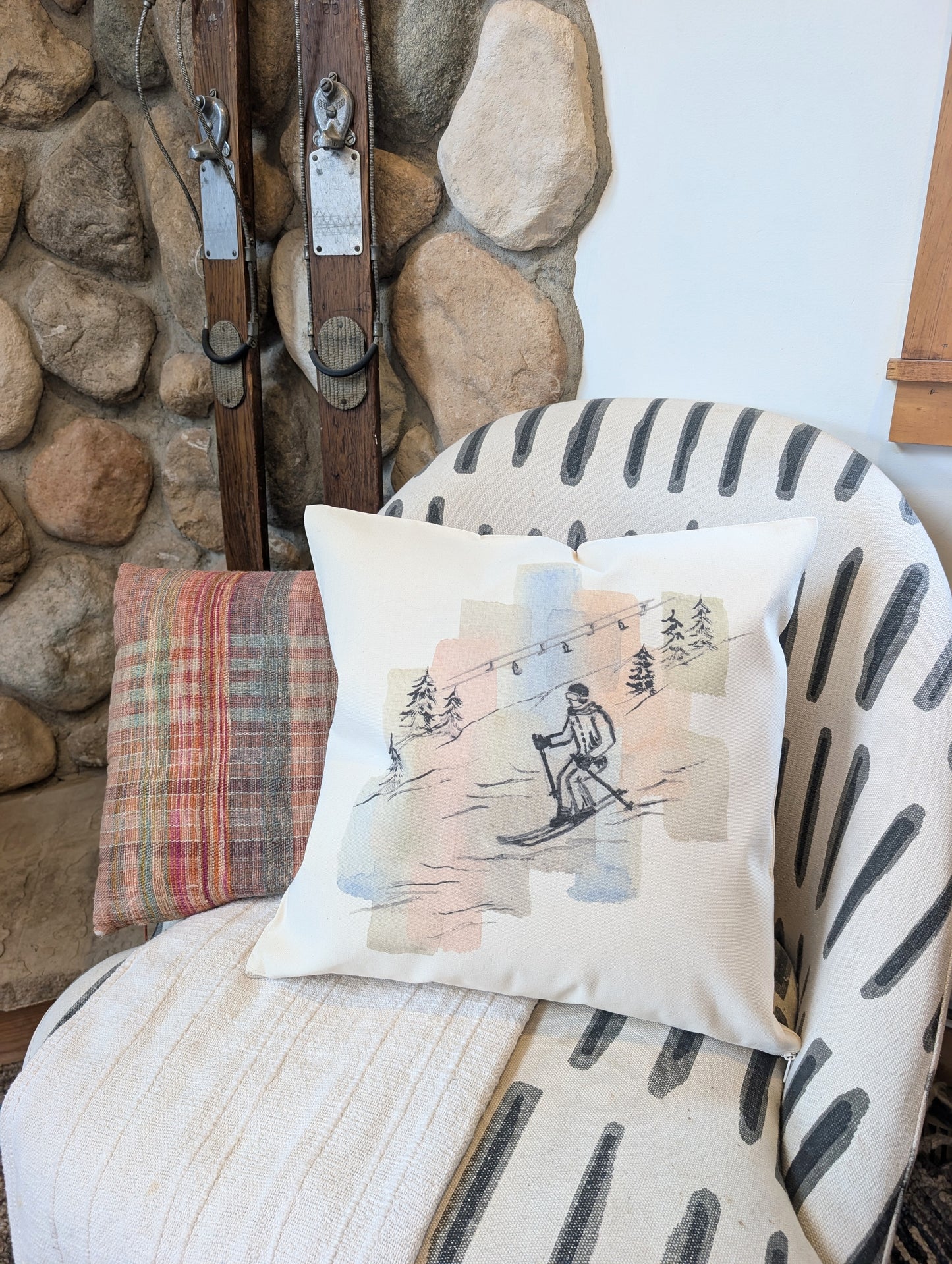 Skier and Ski Lift Watercolor Art Printed Canvas Pillow