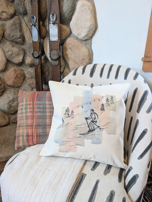 Skier and Ski Lift Watercolor Art Printed Canvas Pillow