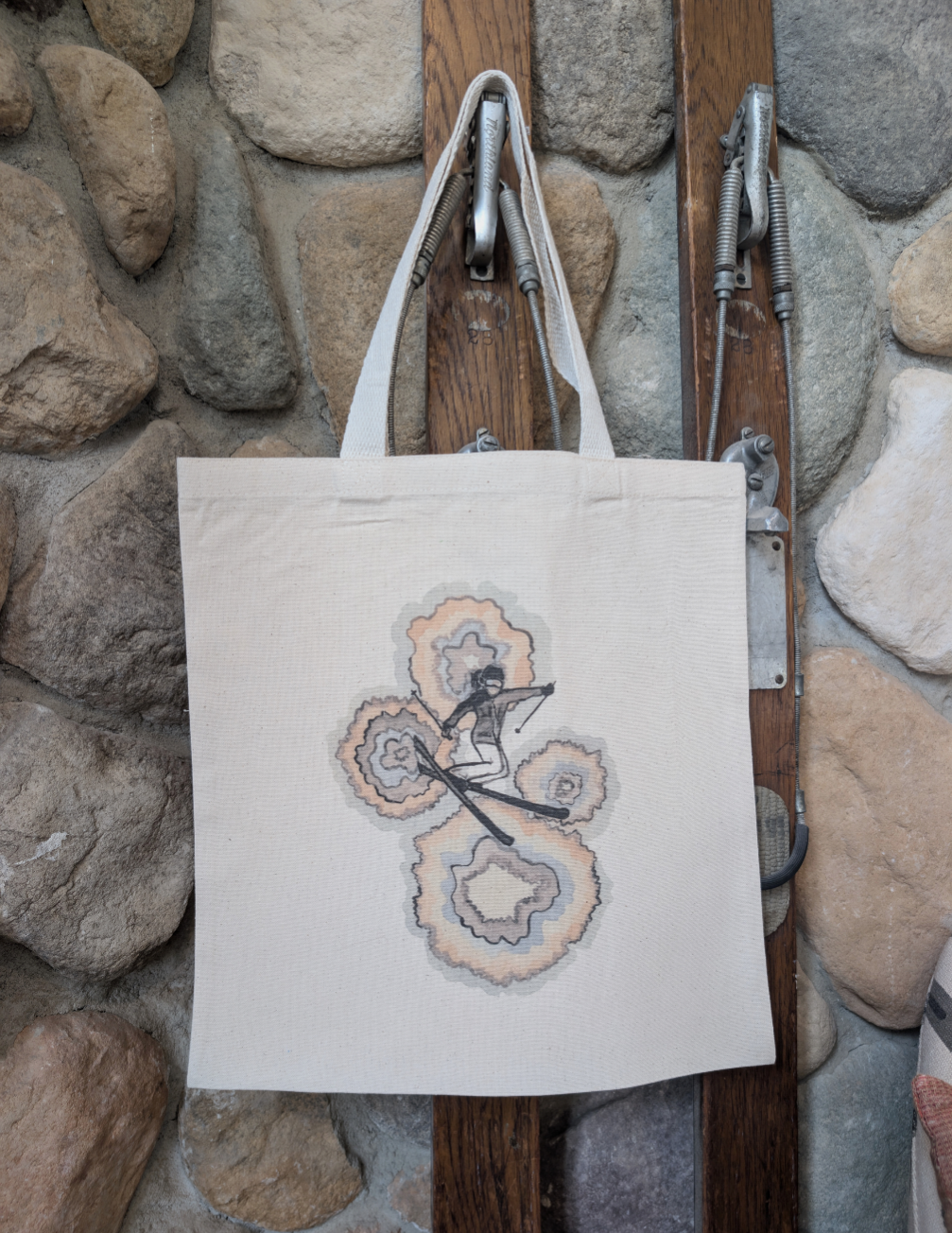 Groovy Skier Watercolor Art Printed Canvas Market Bag