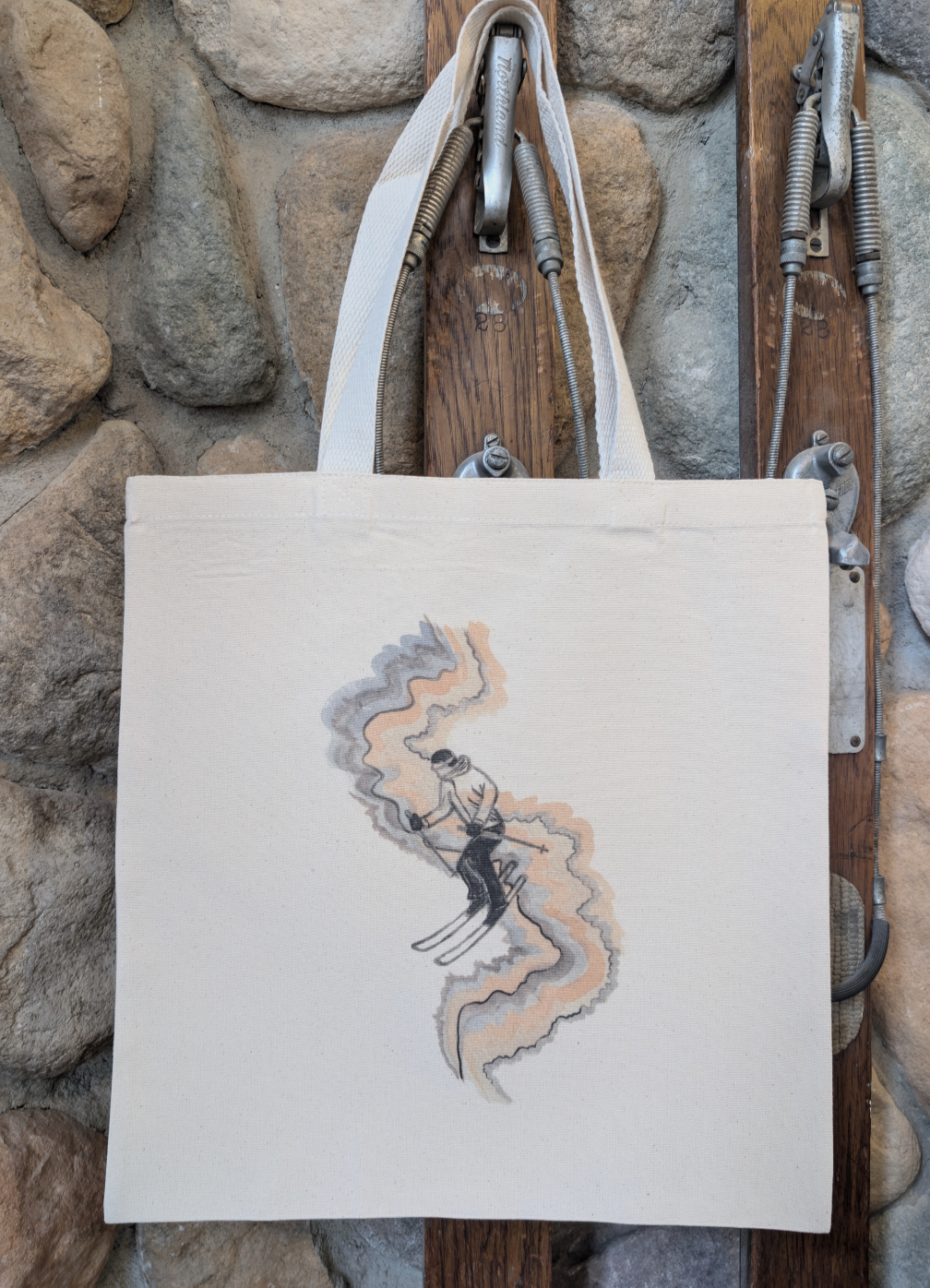 Skiing in the Groove Watercolor Art Printed Canvas Market Bag