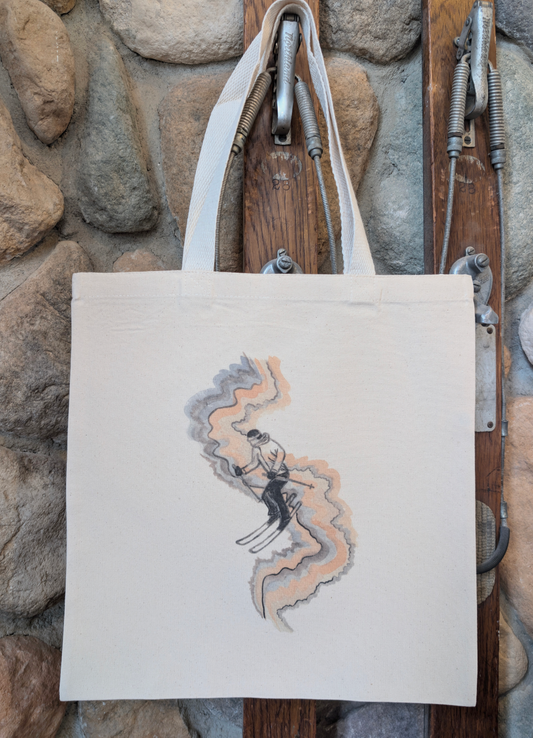 Skiing in the Groove Watercolor Art Printed Canvas Market Bag