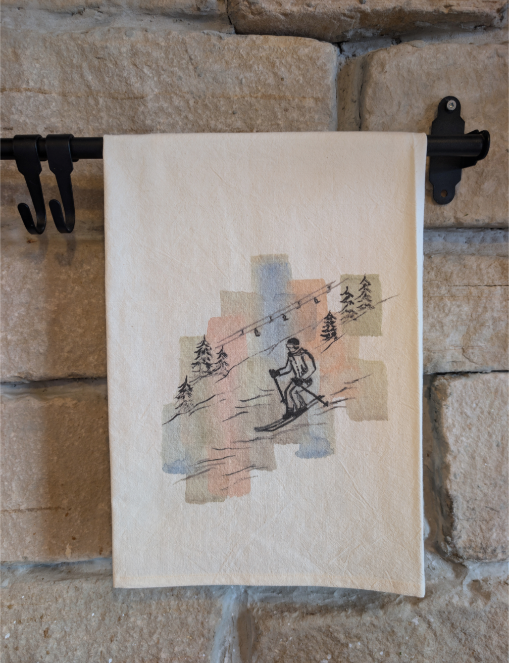Skier and Ski Lift Watercolor Art Printed Cotton Tea Towel