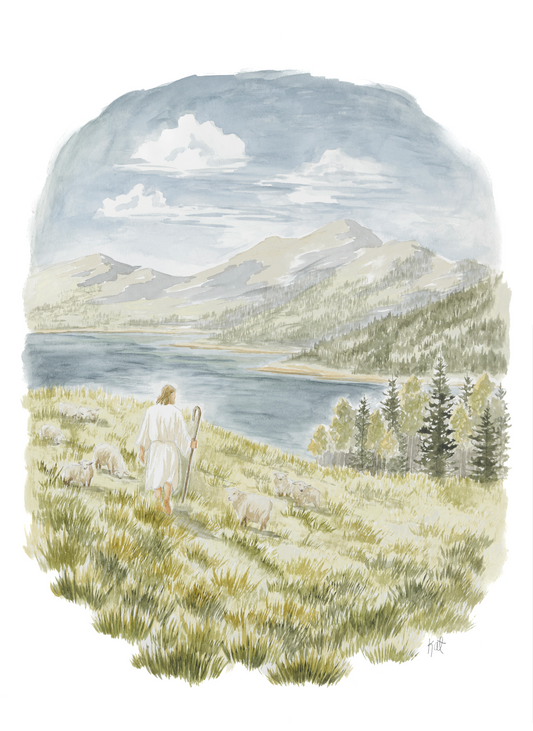 The Good Shepherd- Psalms 23- Christ with Sheep in Mountain Landscape
