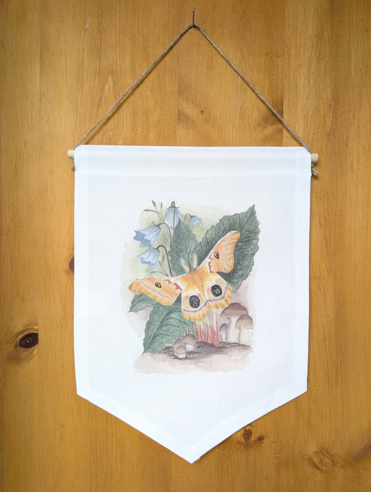 Butterfly on Rhubarb with Bluebell Flowers and Mushrooms Cotton Banner