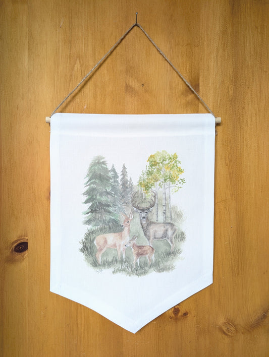 Mule Deer Family in the Aspens and Spruce Forrest Cotton Banner